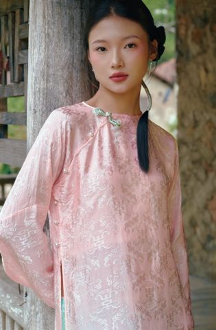 Áo dài Vân Vũ – Hoạ tiết thọ dơi | Màu cam đào