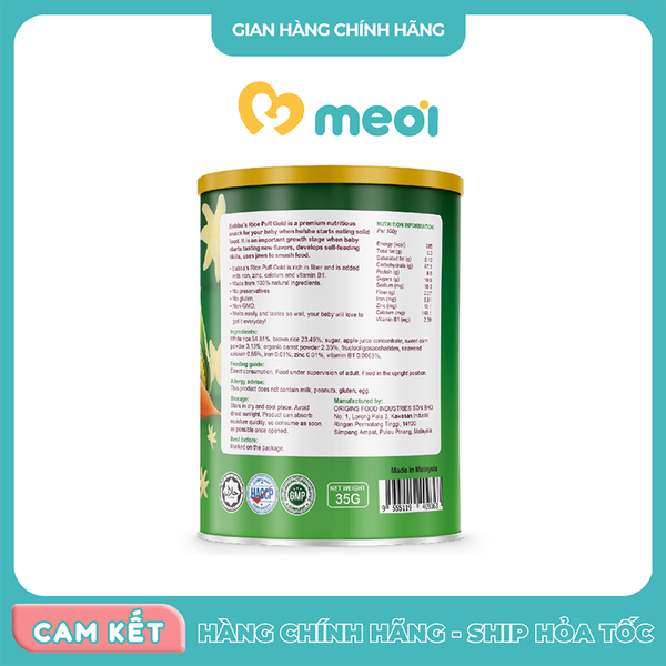 Bánh gạo Babba's vị ngô, cà rốt 35g 6M+