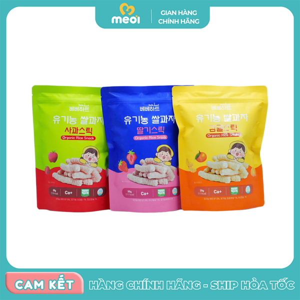  Bánh ăn dặm Bebe Heart Bánh gạo hữu cơ 30g 6M+ (Dâu tây/Táo/Quýt) 
