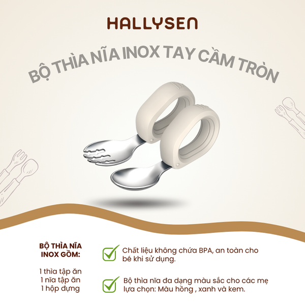 Bộ thìa nĩa inox tay cầm tròn Hallysen màu be