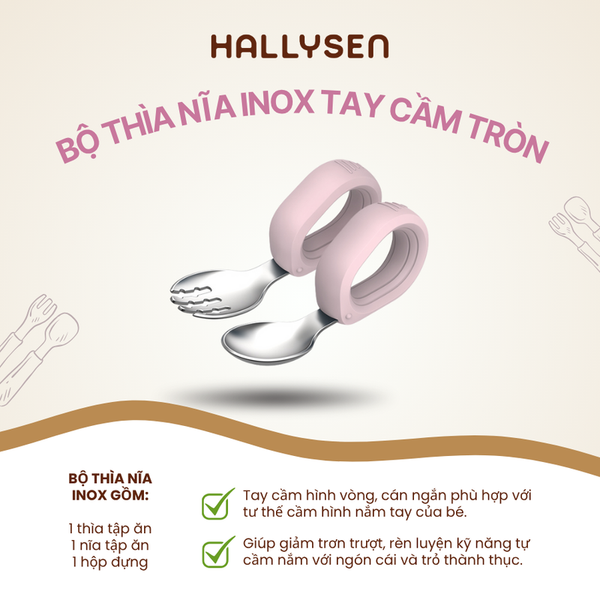 Bộ thìa nĩa inox tay cầm tròn Hallysen màu hồng
