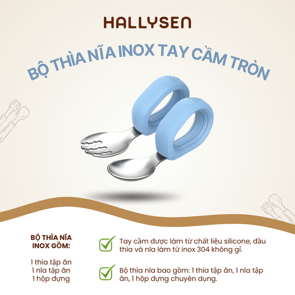 Bộ thìa nĩa inox tay cầm tròn Hallysen màu xanh dương