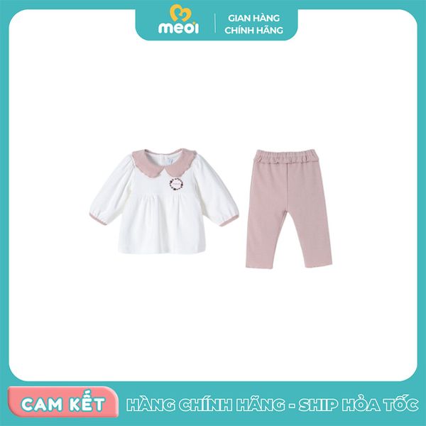  Bộ dài tay Nous nỉ in vòng nguyệt quế trắng hồng 