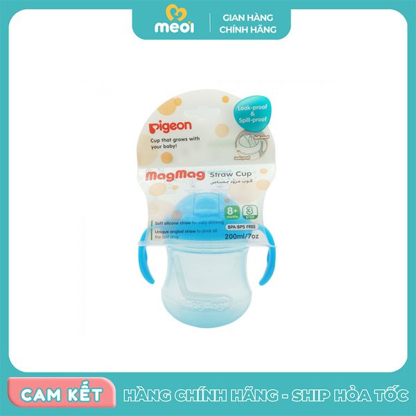  Bình uống nước tay cầm ống hút xanh 200ml Pigeon 