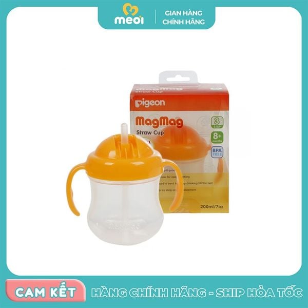  Bình uống nước tay cầm ống hút vàng 200ml Pigeon 