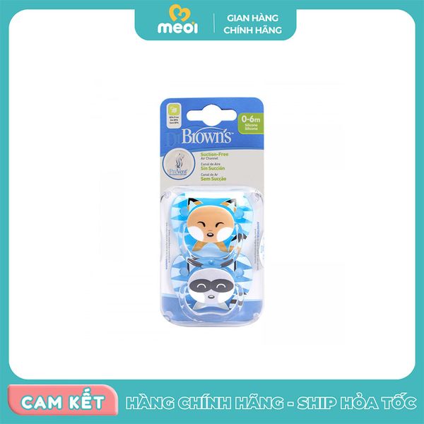  Bộ 2 ty ngậm in hình con gấu mèo và con cáo 0-6M xanh Dr Brown's 