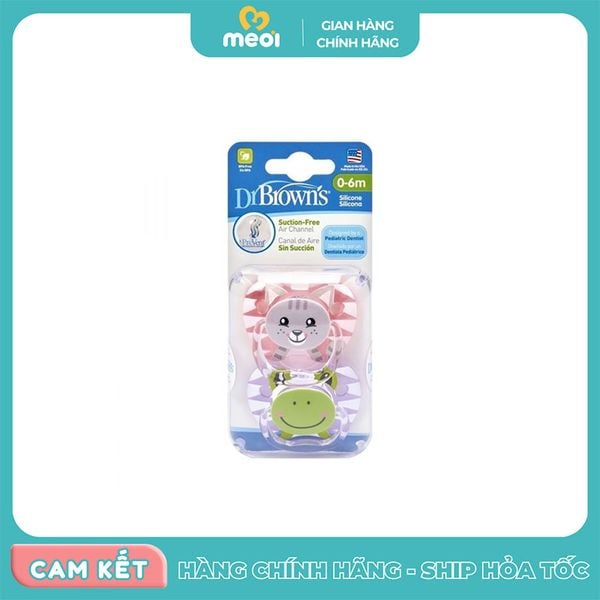 Bộ 2 ty ngậm hình con mèo và ếch cho bé 0-6M hồng tím Dr Brown's 