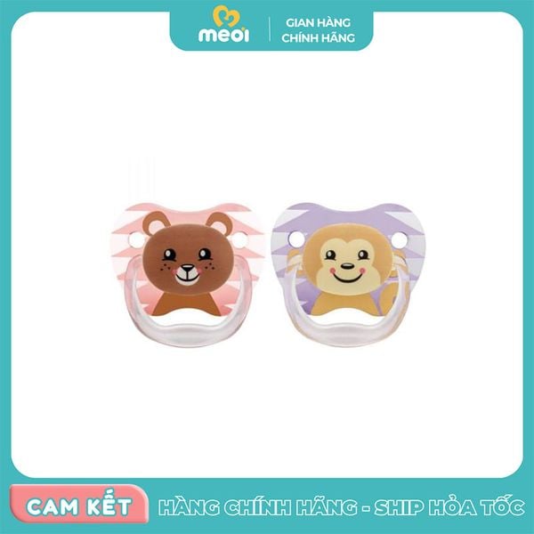  Bộ 2 ty ngậm in hình con gấu và khỉ cho bé 6-12M hồng tím Dr Brown's 