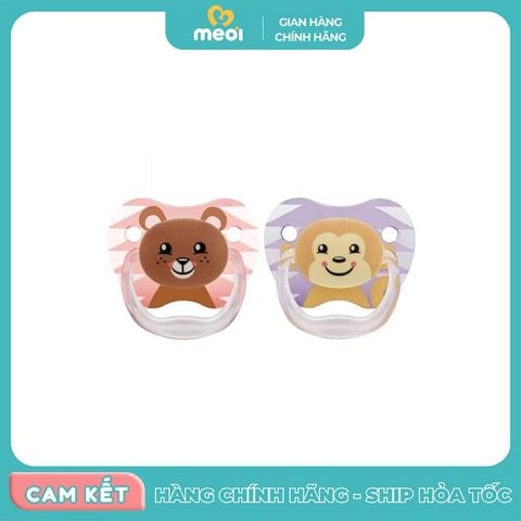  Bộ 2 ty ngậm in hình con gấu và khỉ cho bé 6-12M hồng tím Dr Brown's 