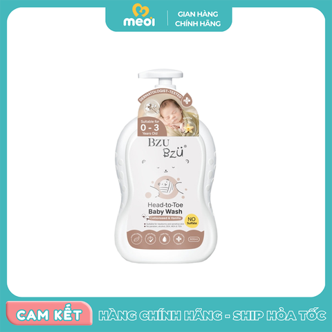 Sữa tắm gội toàn thân Bzu Bzu chiết xuất hạt bông và vani 600ml 0-3Y