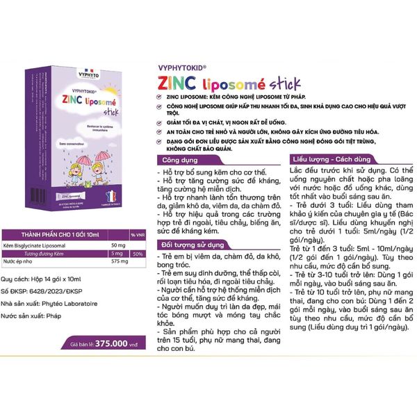 Kẽm Vyphyto ZINC Liposomé dạng gói (14 gói x 10ml)