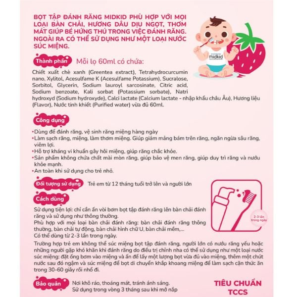 Bọt tập đánh răng Midkid hương dâu 60ml 12M+