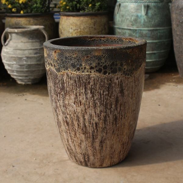  Ceramic Planter with Lava Glaze and Wood Texture Finish | AUD107 