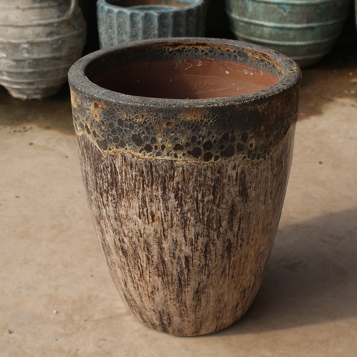  Ceramic Planter with Lava Glaze and Wood Texture Finish | AUD107 