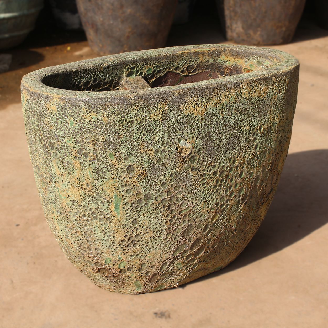  Textured Oval Ceramic Planter with Rustic Green Lava Finish |  AUV126 
