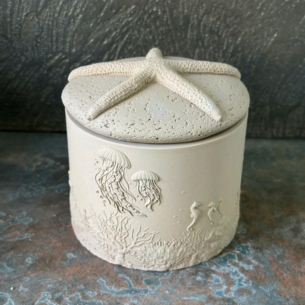  Ocean Life Relief Cement Candle Jar with Starfish Lid | AUC006 