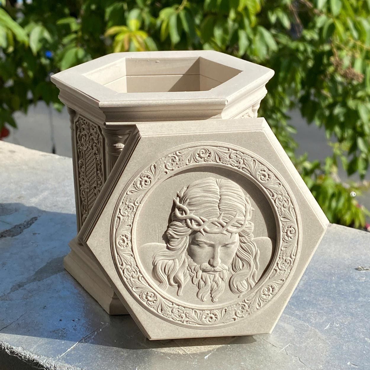  Religious Relief Cement Candle Jar with Lid | AUC005 