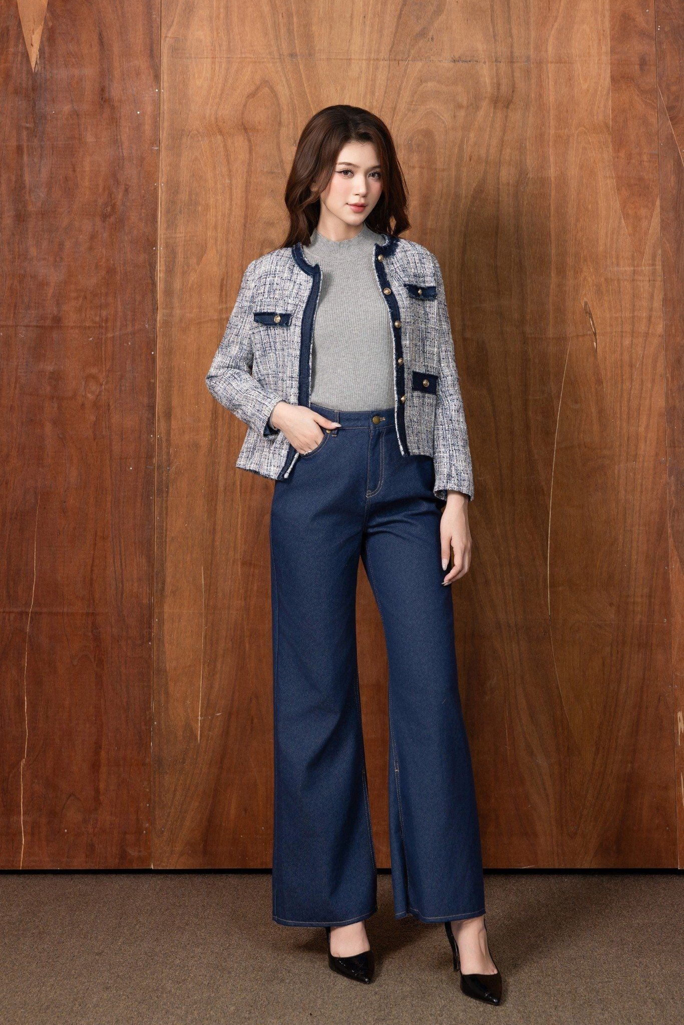 ÁO DẠ PHỐI KHUY KIM LOẠI AK66122