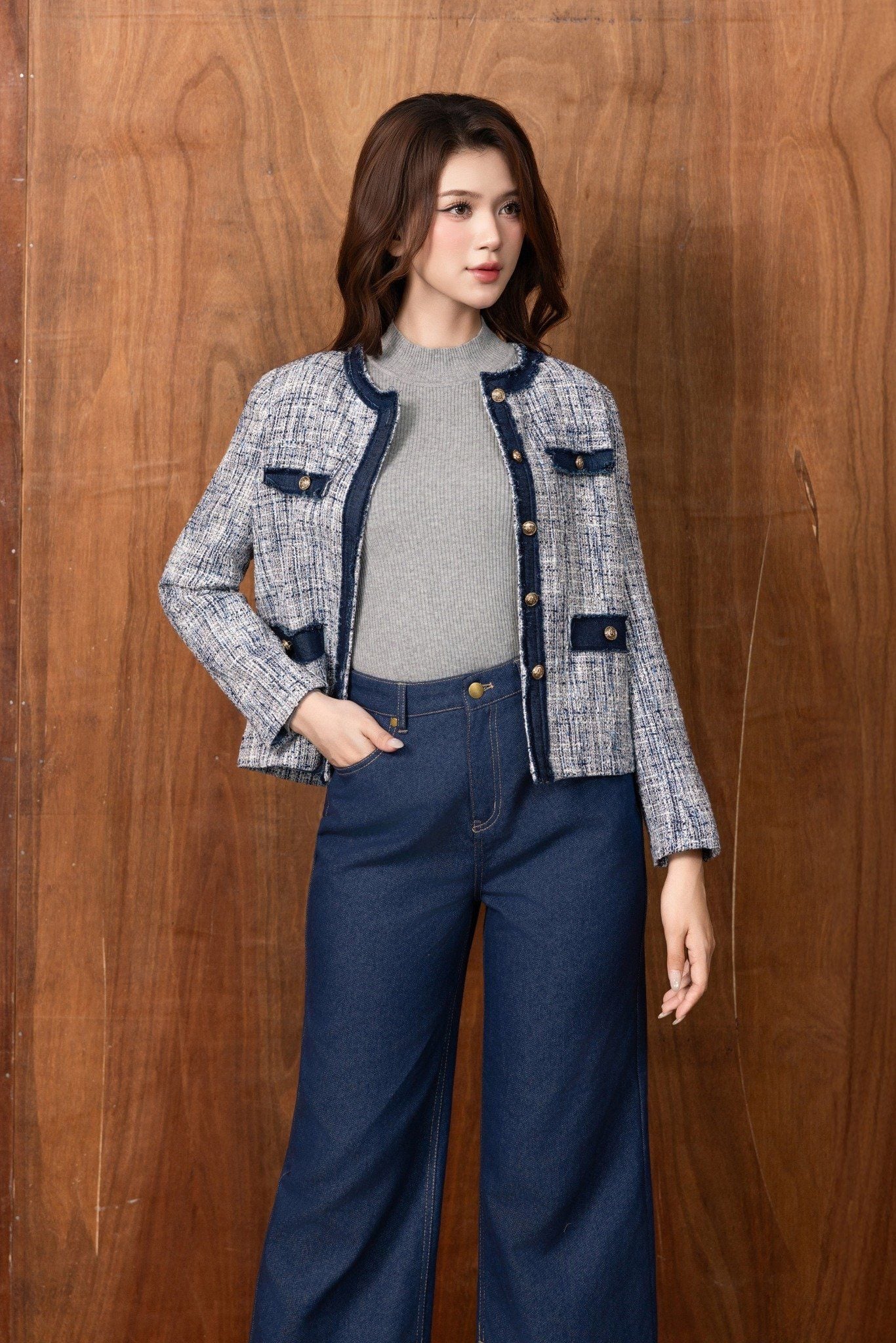 ÁO DẠ PHỐI KHUY KIM LOẠI AK66122