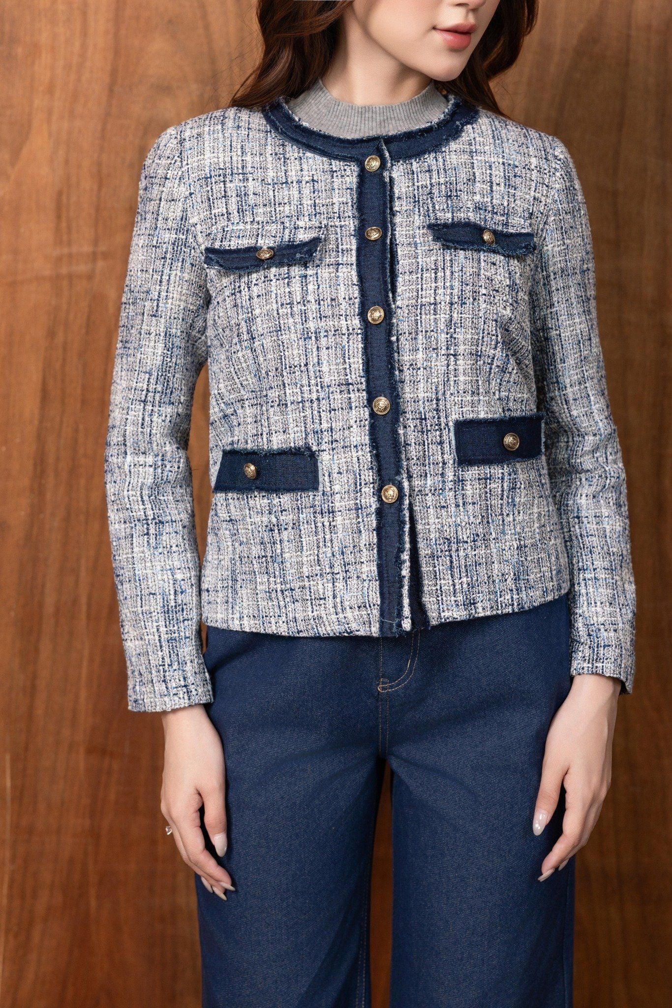 ÁO DẠ PHỐI KHUY KIM LOẠI AK66122