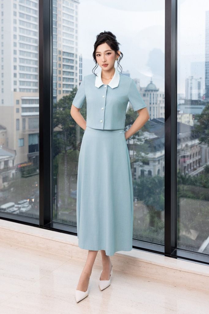 SƠ MI XANH PHA CỔ TRẮNG SM05442