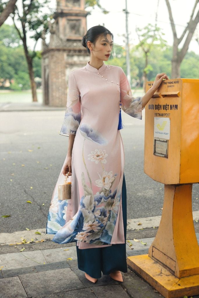 ÁO DÀI HỒNG IN HOA AD03342