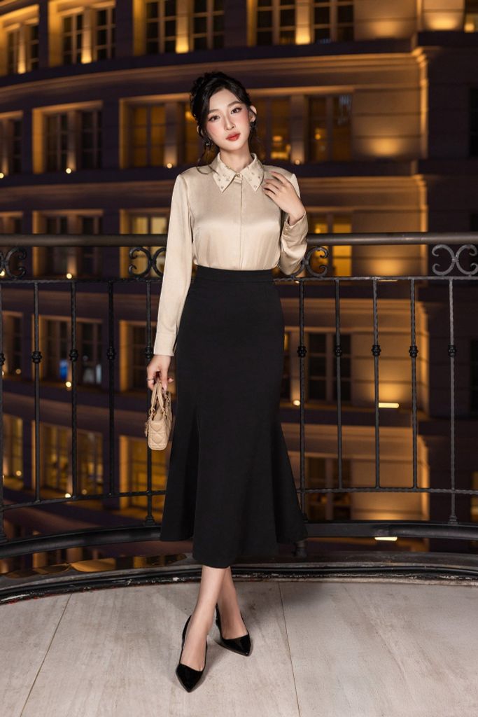 SƠ MI LỤA CỔ ĐÍNH CƯỜM SM15252