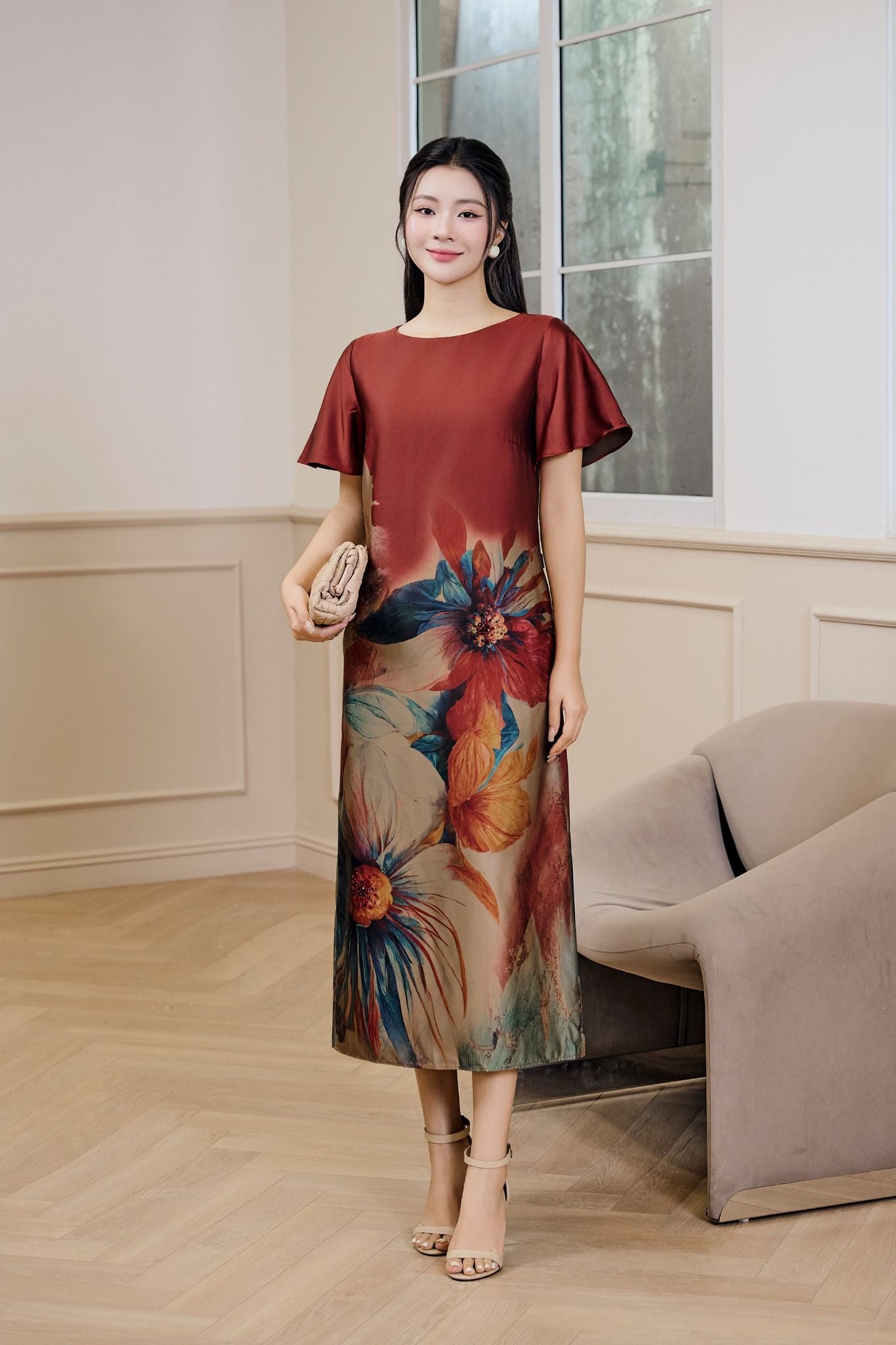 ĐẦM LỤA SUÔNG IN HOA D03032