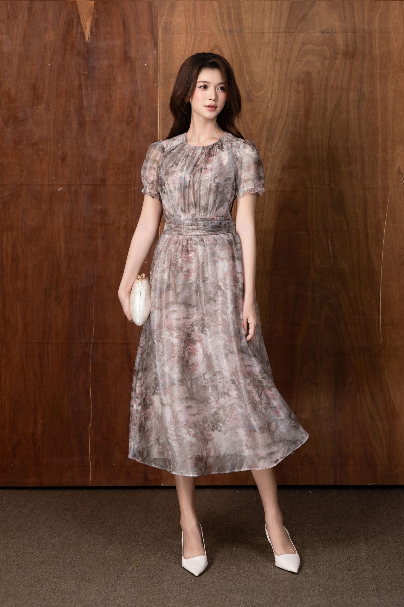 ĐẦM HOẠ TIẾT TAY BỒNG D07232