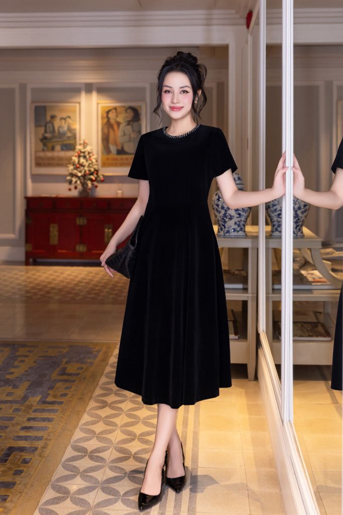 ĐẦM NHUNG CỔ ĐÍNH ĐÁ D08112