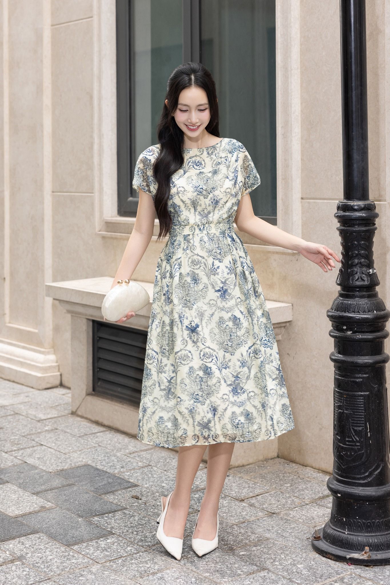 ĐẦM HOẠ TIẾT TAY RỦ D08482