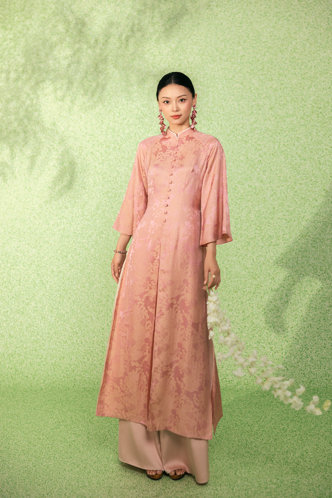 ÁO DÀI LỤA HỒNG HỌA TIẾT AD02372