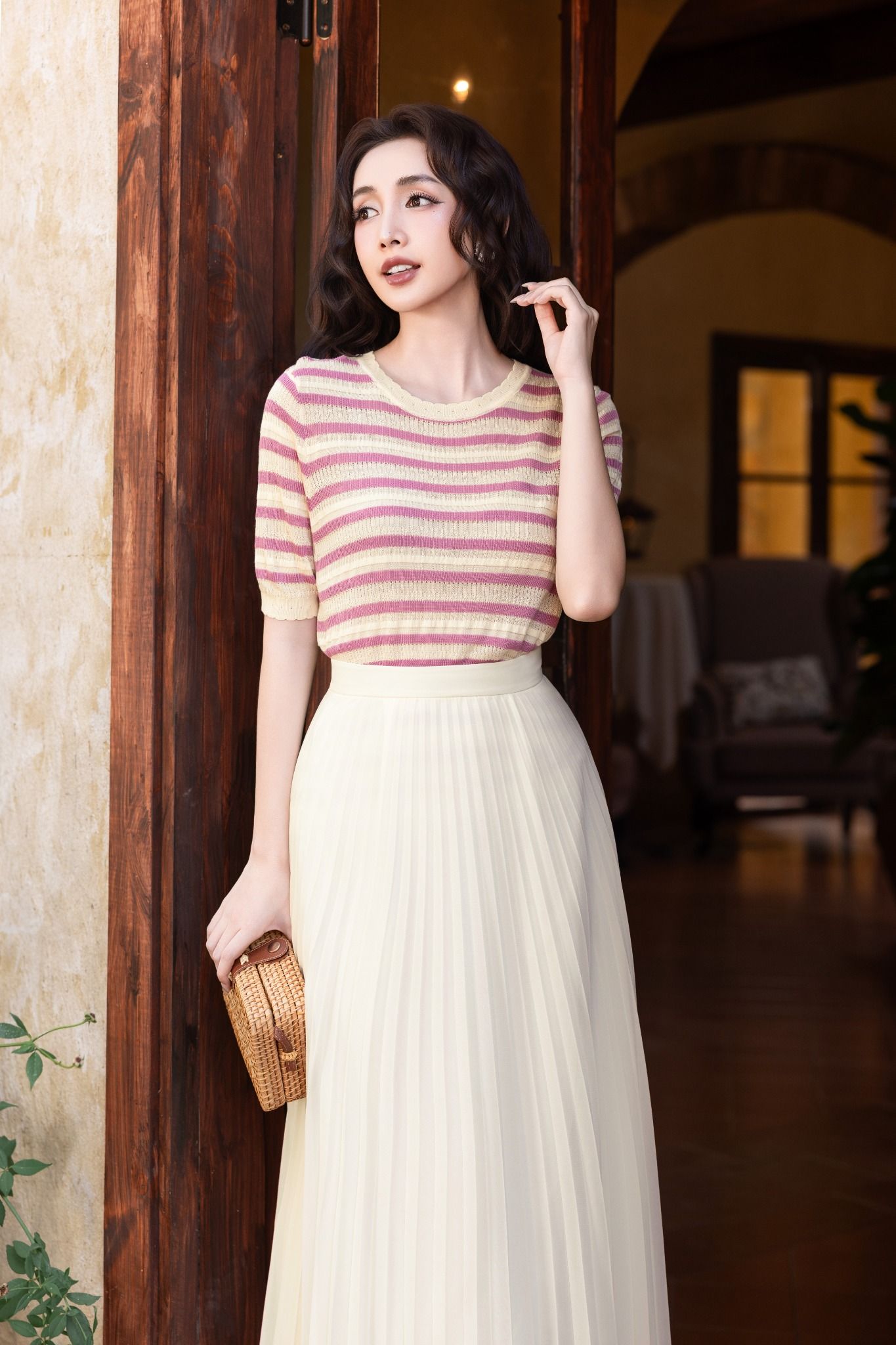 ÁO LEN KẺ HỒNG AL62042