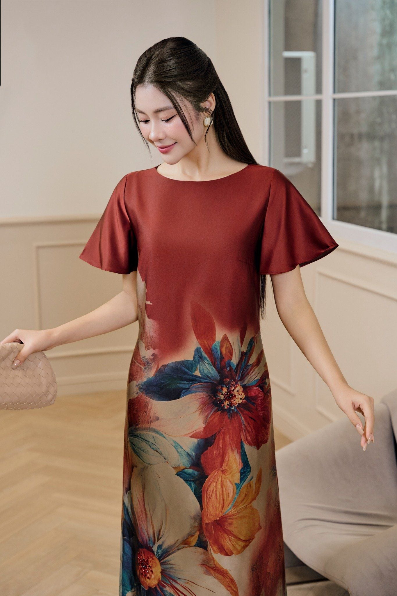 ĐẦM LỤA SUÔNG IN HOA D03032