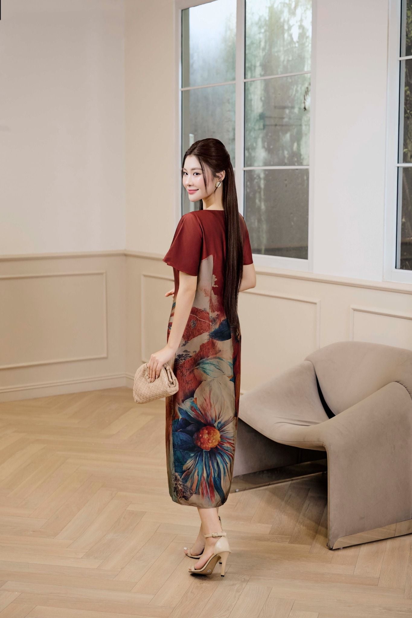 ĐẦM LỤA SUÔNG IN HOA D03032