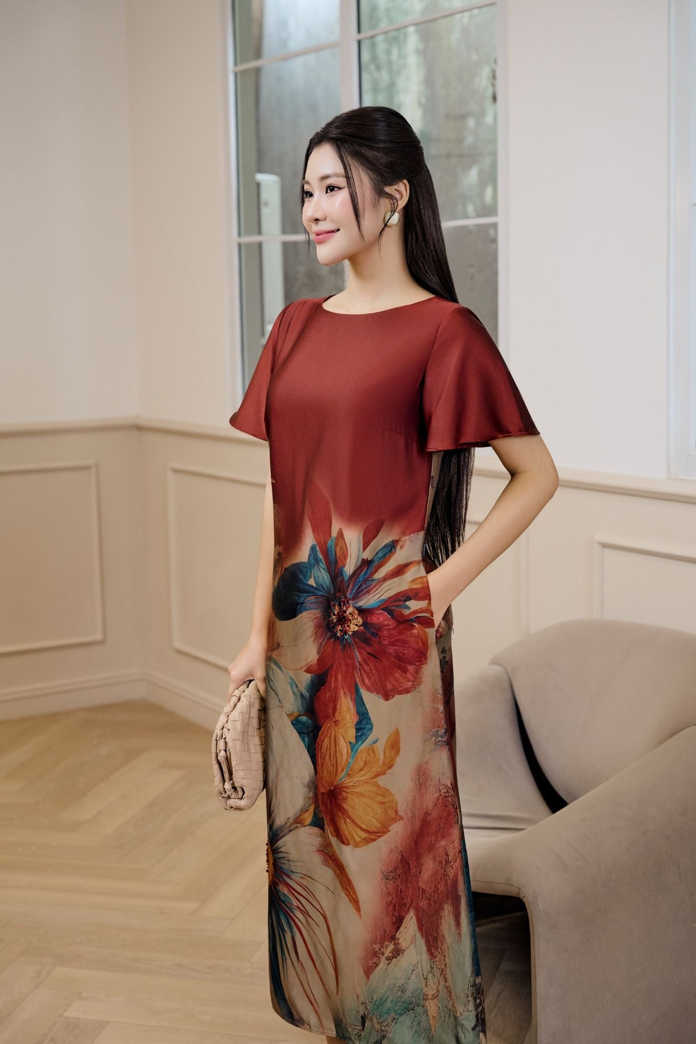 ĐẦM LỤA SUÔNG IN HOA D03032