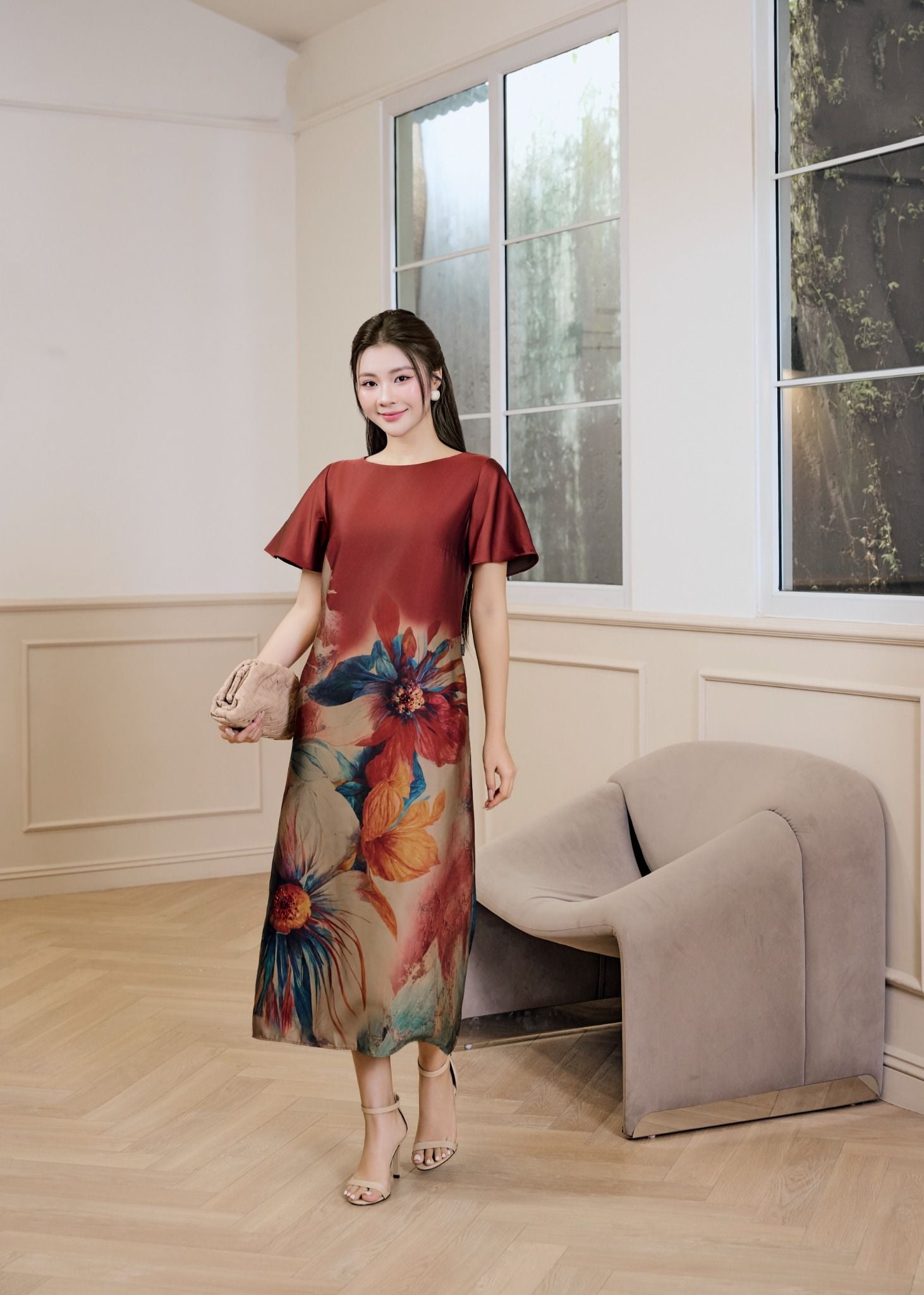 ĐẦM LỤA SUÔNG IN HOA D03032