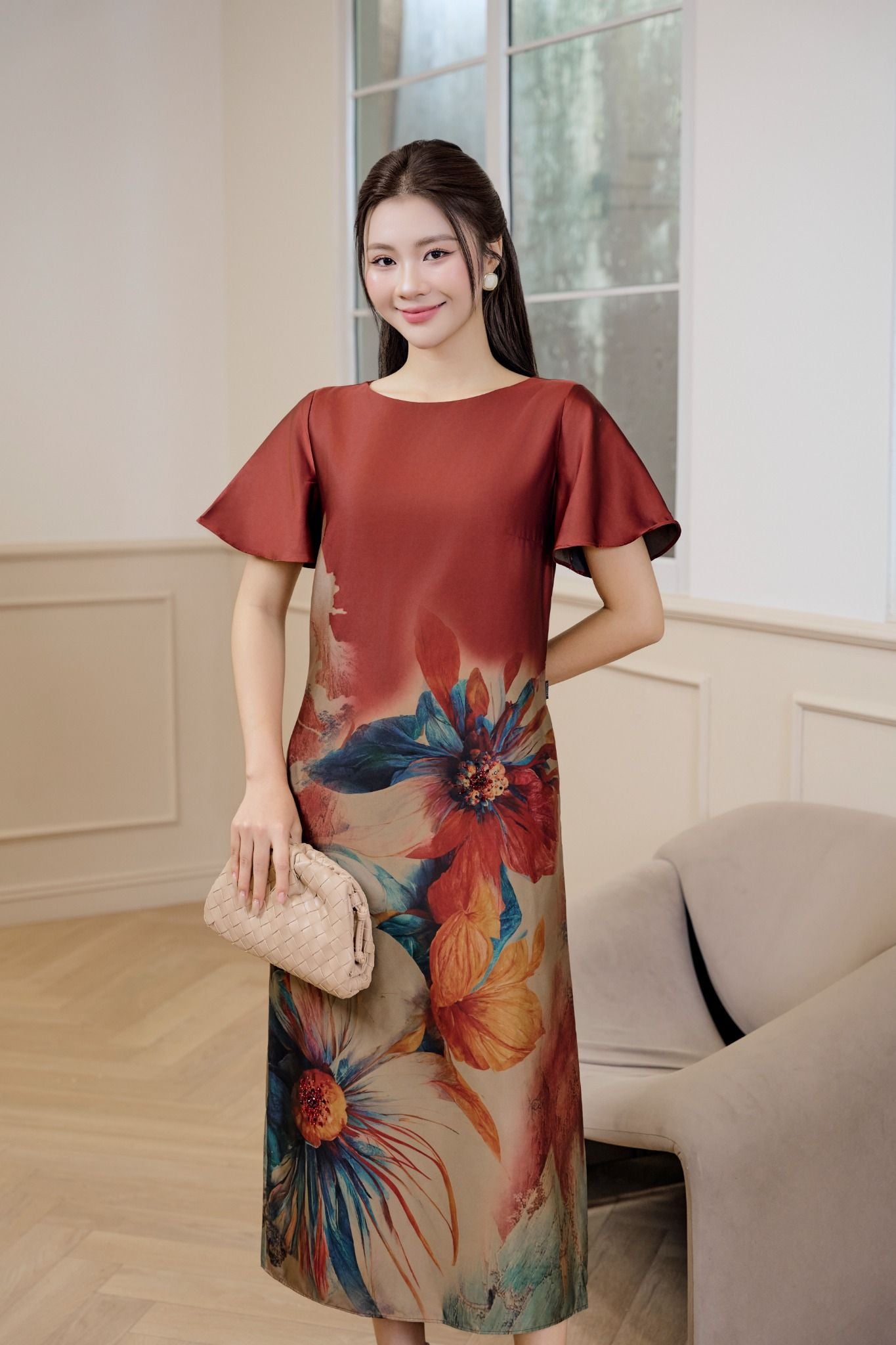 ĐẦM LỤA SUÔNG IN HOA D03032