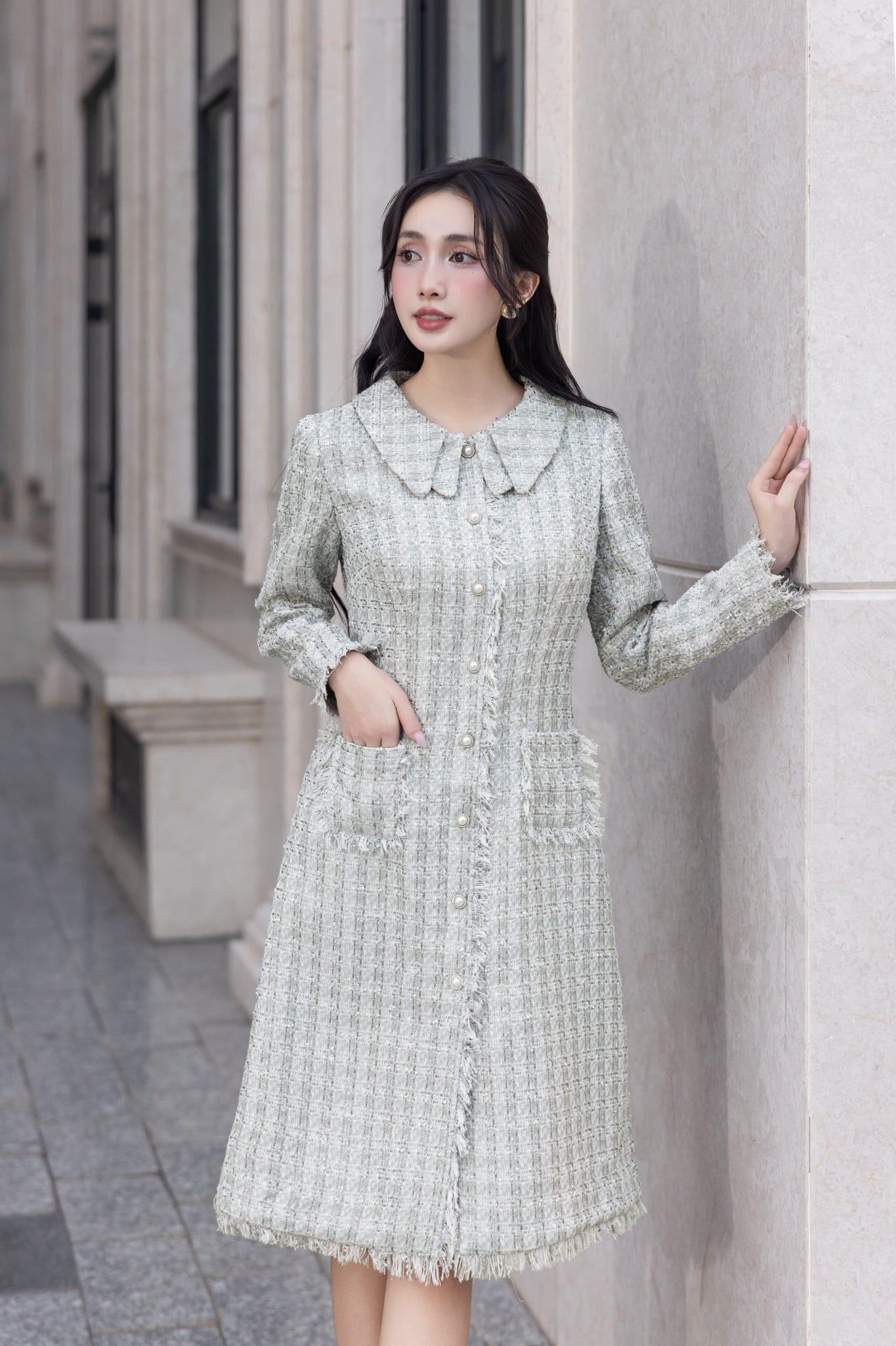 ĐẦM DẠ ĐÍNH KHUY NGỌC D07882