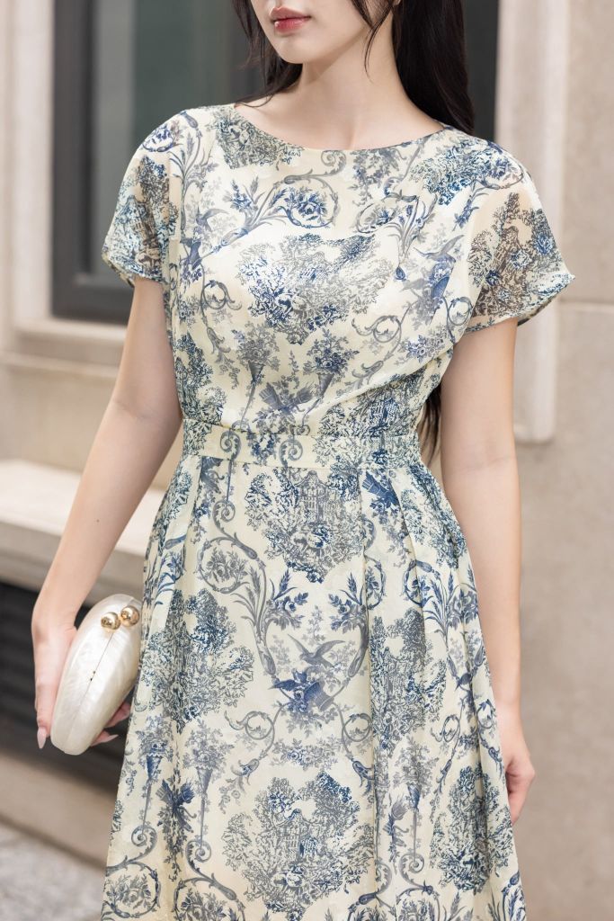  ĐẦM HOẠ TIẾT TAY RỦ D08482 