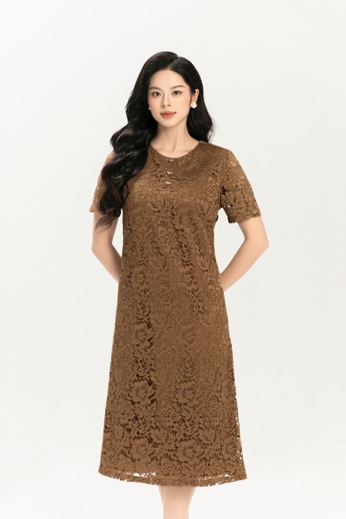  ĐẦM SUÔNG REN NÂU D42892 