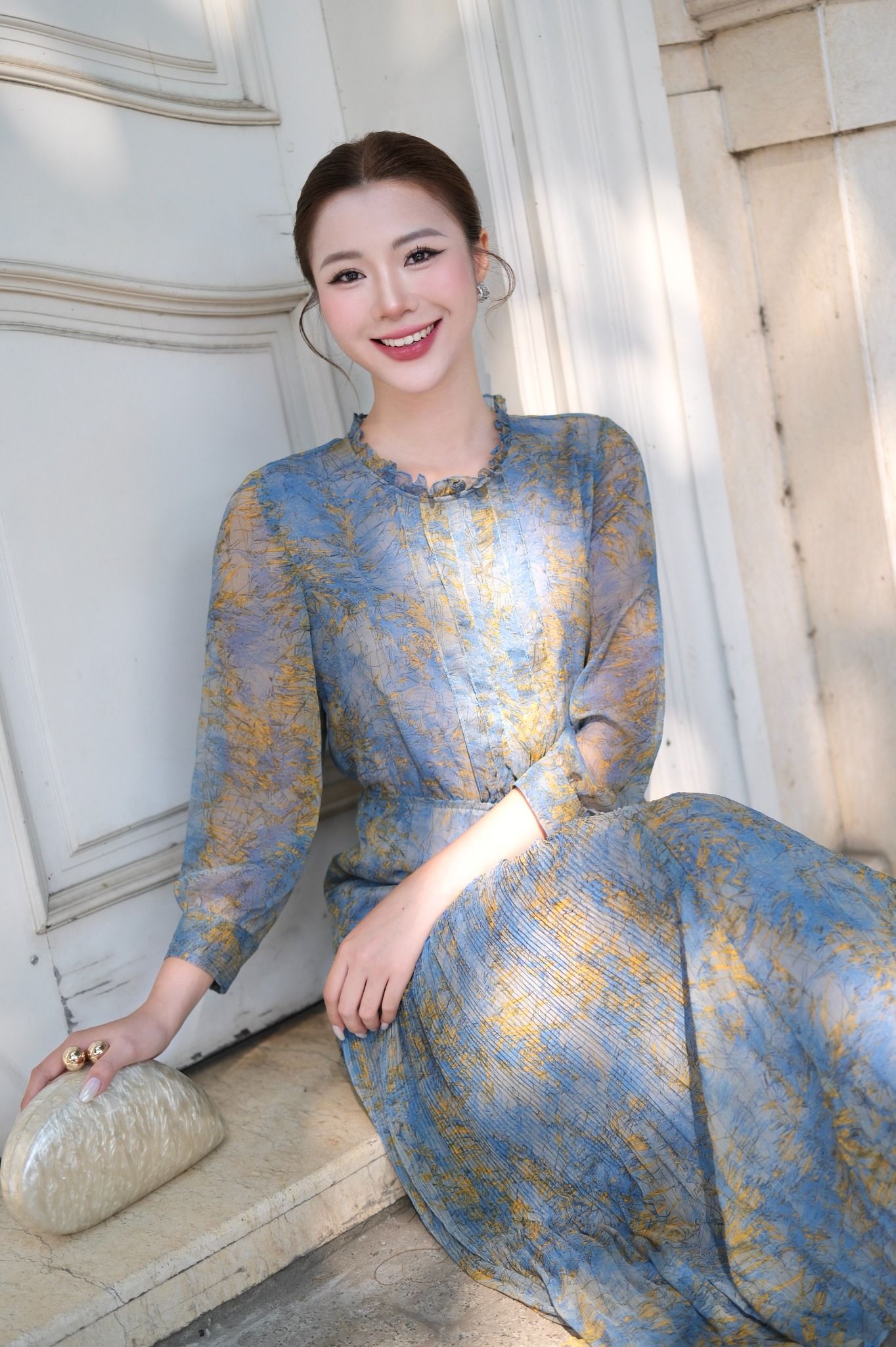 ĐẦM HOẠ TIẾT NHÚN CỔ D64132