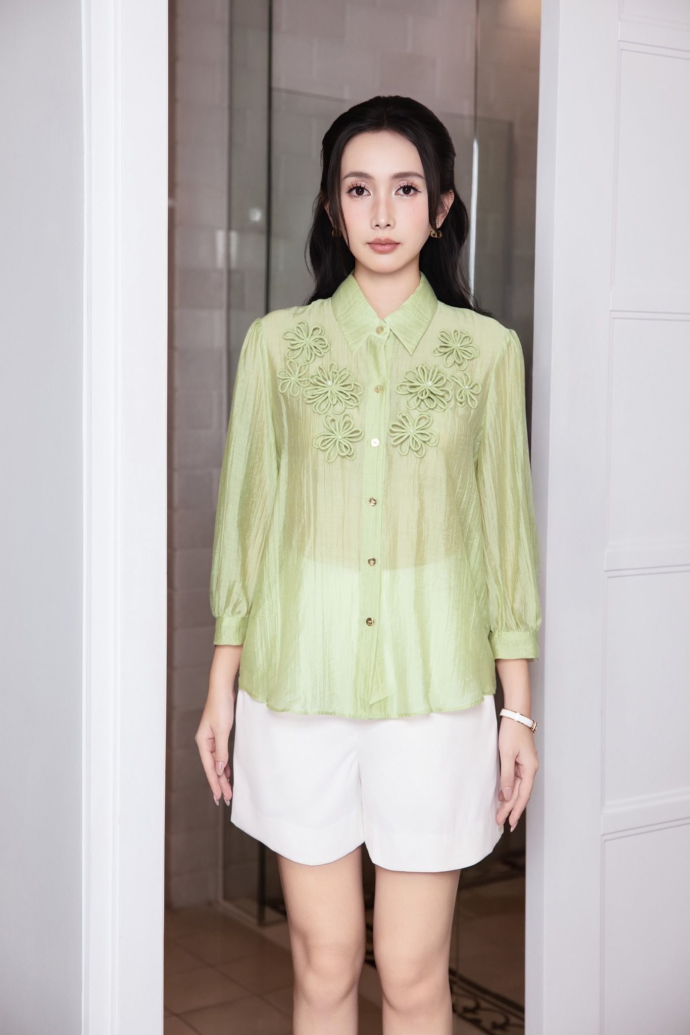 ÁO XANH ĐÍNH HOA NỔI SM17452