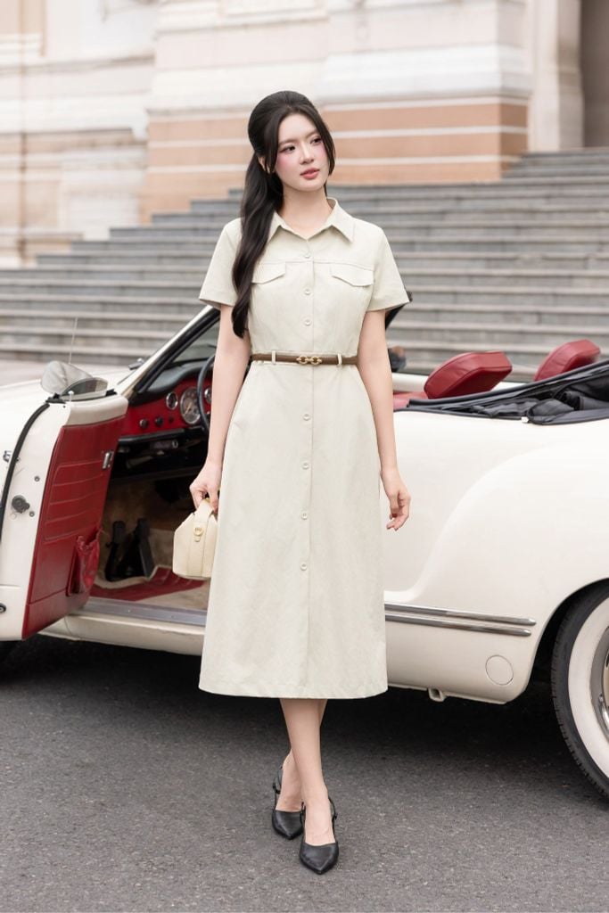 ĐẦM KAKI TRẮNG CỔ BẺ D09902