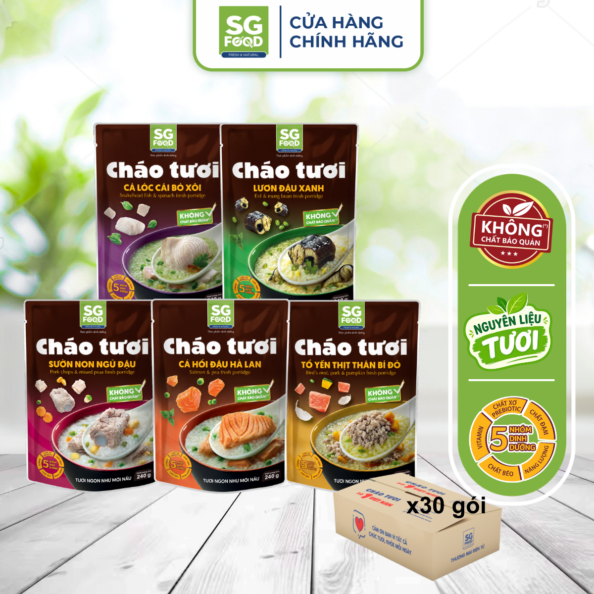 thung 30 goi chao tuoi sai gon food 5 vi 240g to yen thit ca hoi ca loc luon va suon non