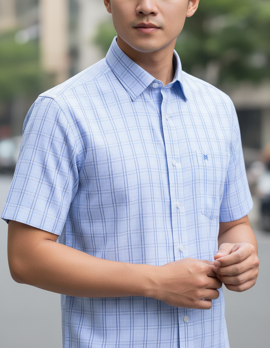  Áo sơ mi nam Khatoco tay ngắn lai ngang (S-2Xl) 