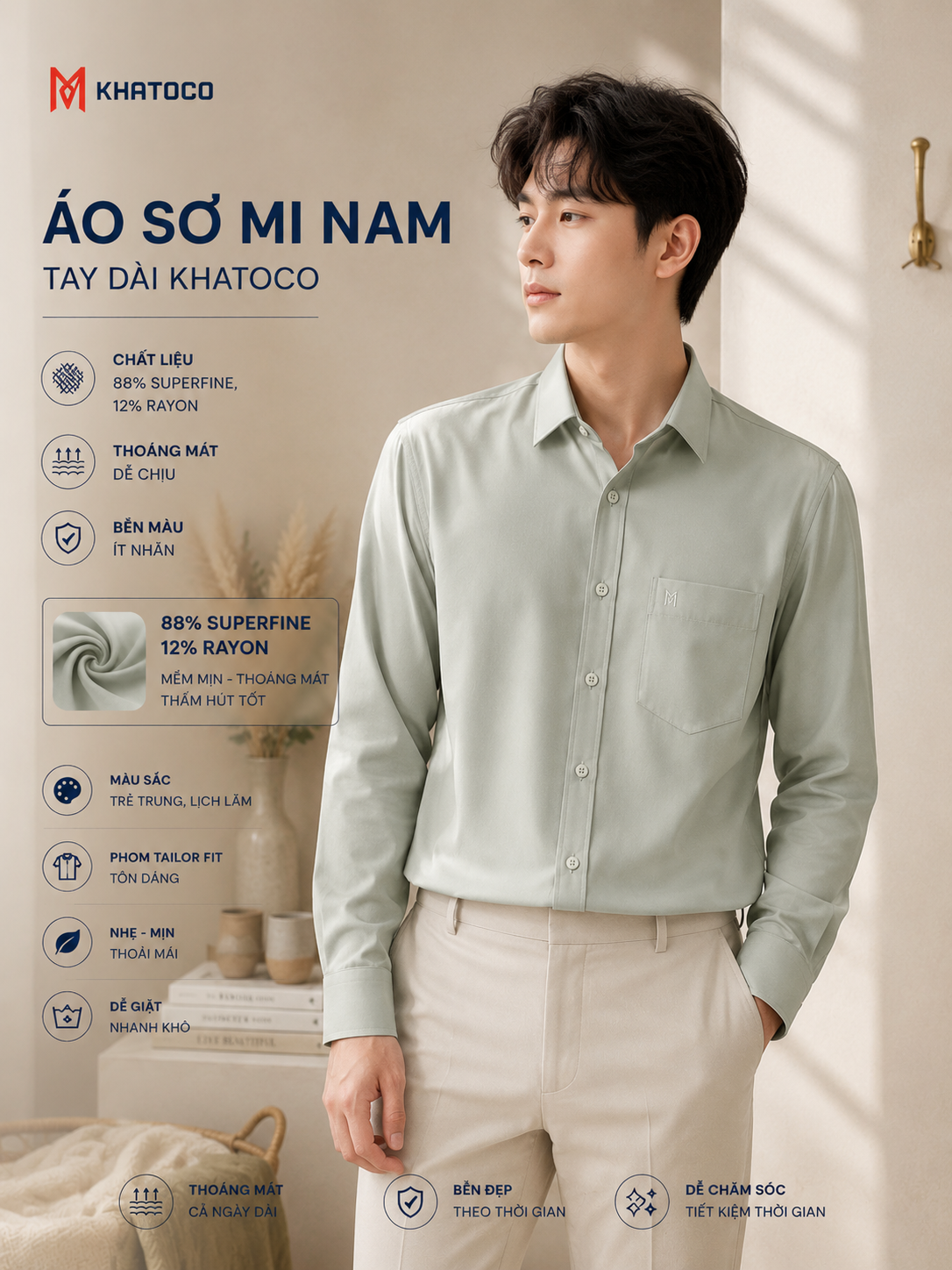  Áo sơ mi Khatoco tay dài (S-3XL) 