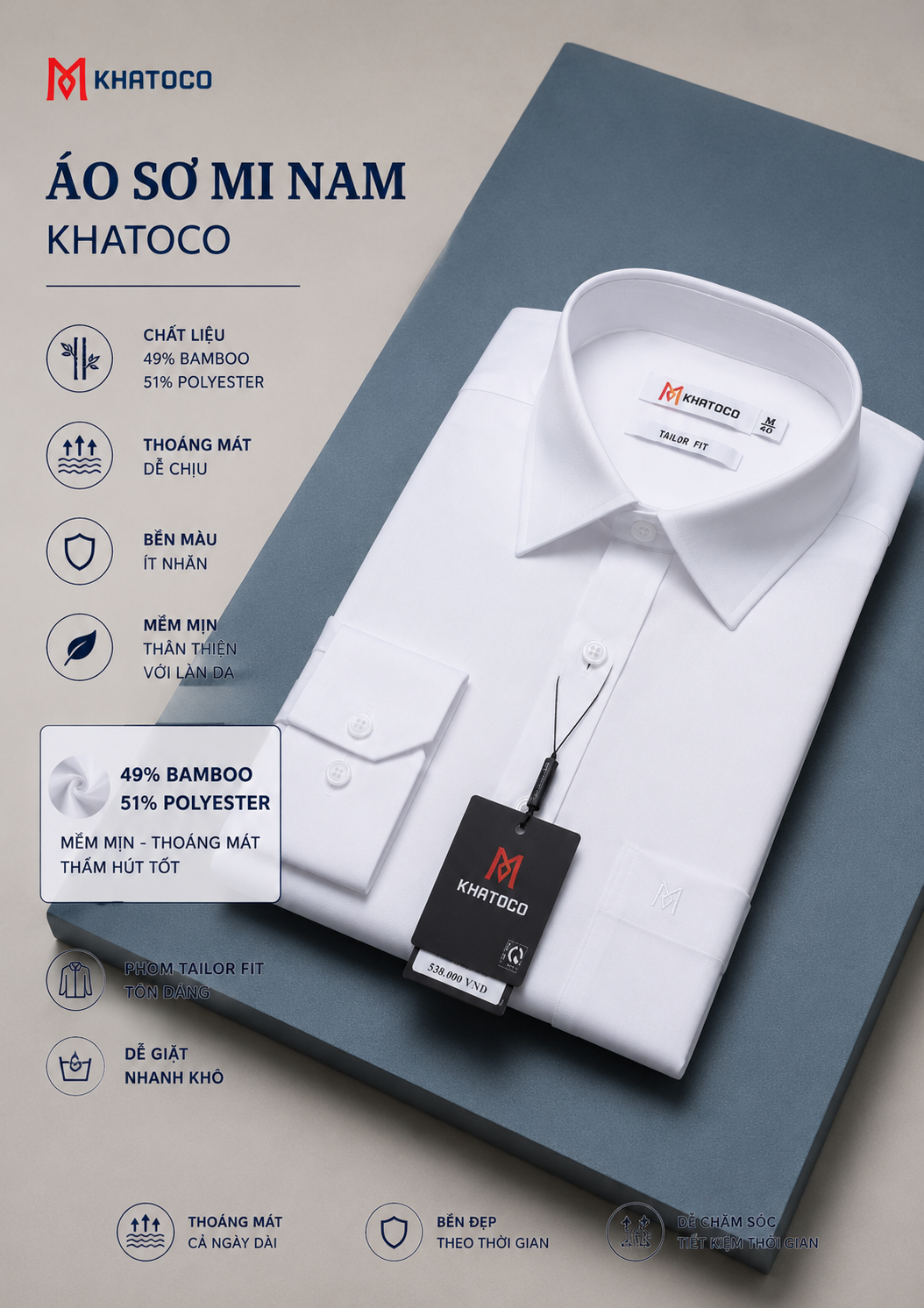  Áo sơ mi Khatoco tay dài (M-3XL) 