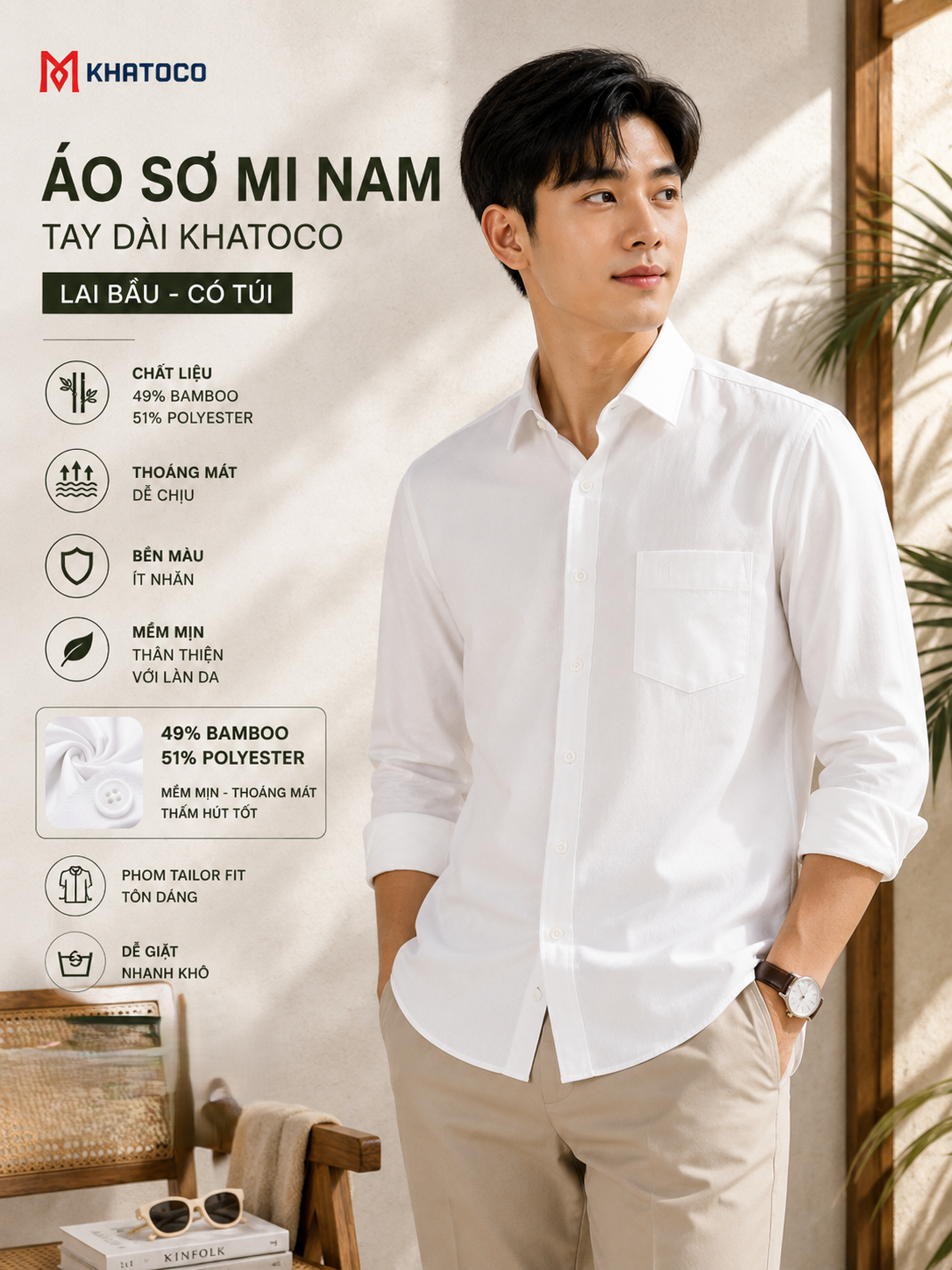  Áo sơ mi Khatoco tay dài (M-3XL) 