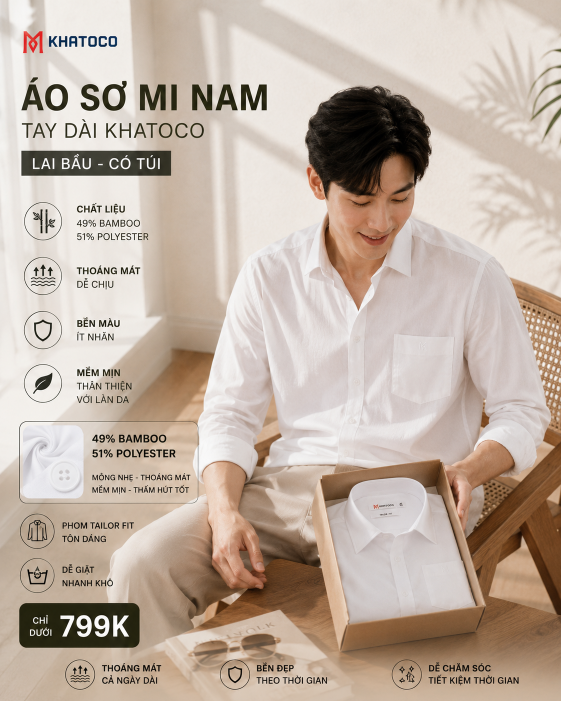  Áo sơ mi Khatoco tay dài (M-3XL) 